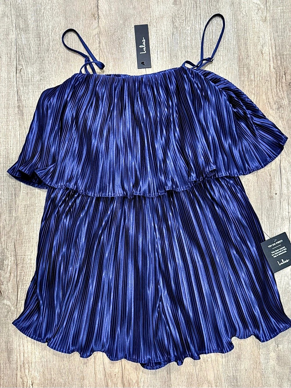 Lulus Fun Flirt Navy Blue Satin Plisse Sleeveless Romper